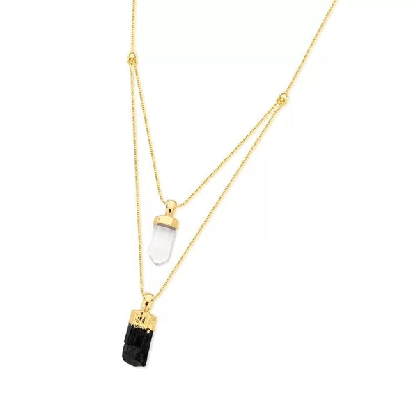 Black Tourmaline and Clear Quartz Necklace - Premium 18K Gold plated